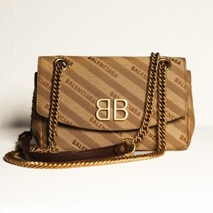 BALENCIAGA Logo Chain All Over Pattern BB Monogram Nylon Shoulder Bag